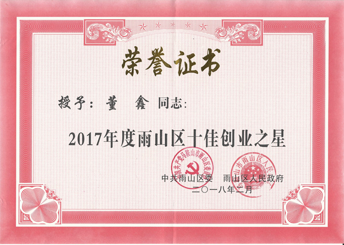 斯塔克董鑫創(chuàng)業(yè)之星榮譽證書